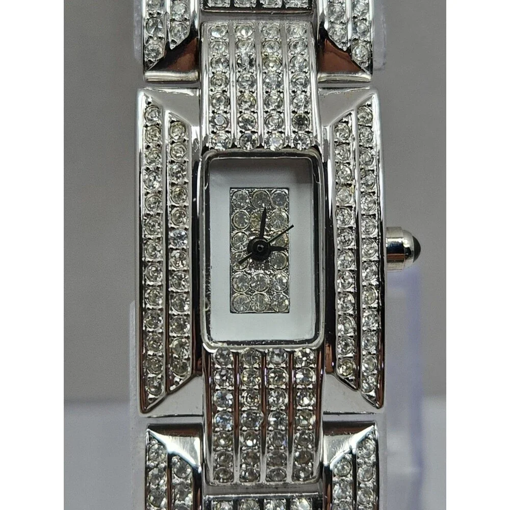 Suzanne Somers Womens Pave Rhinestone Tank Watch Silver Tone Y2K New Battery